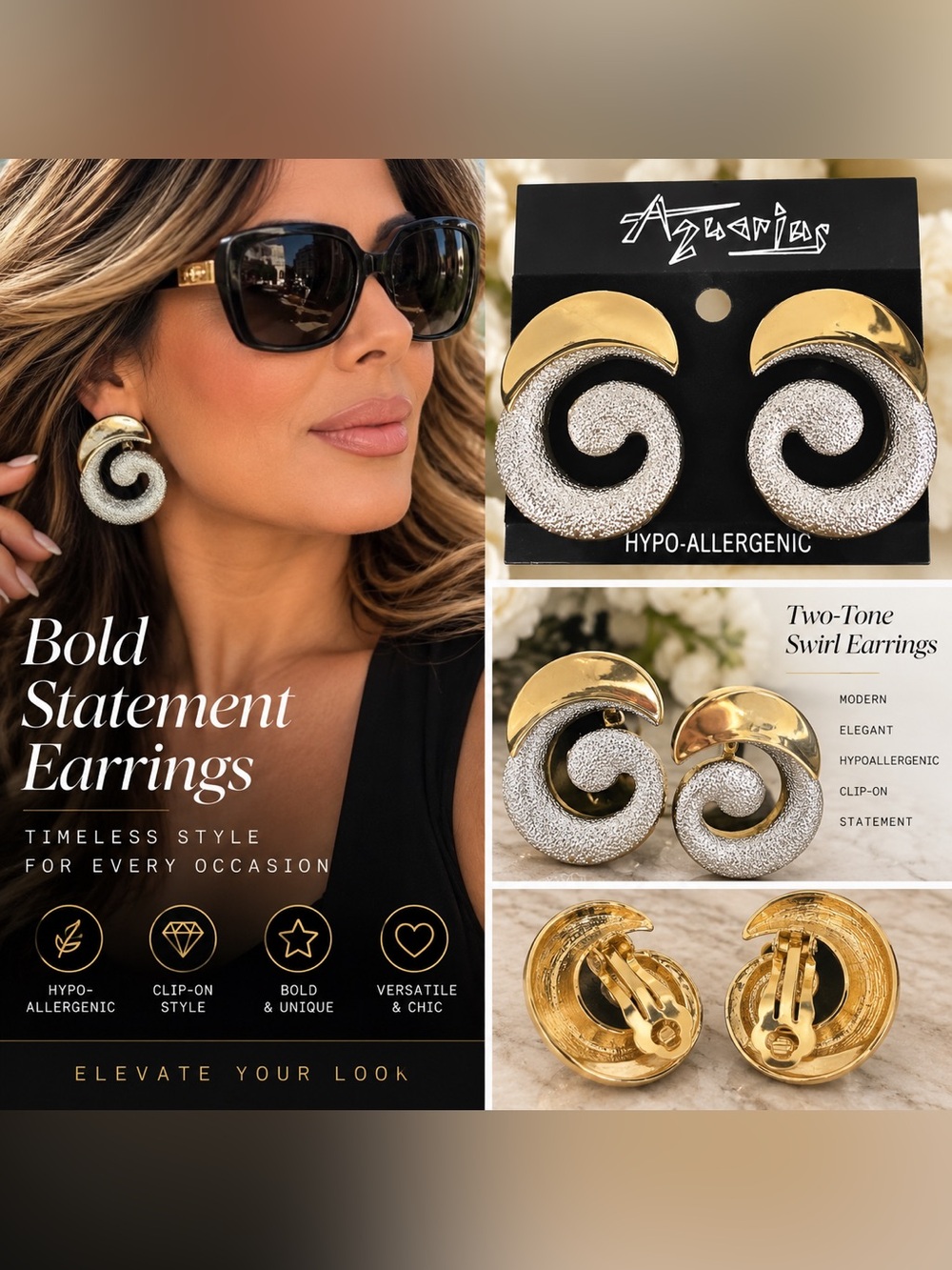 Aquarius Gold & Silver tone  Swirl Clip-On Earrings - Statement Women’s Jewelry